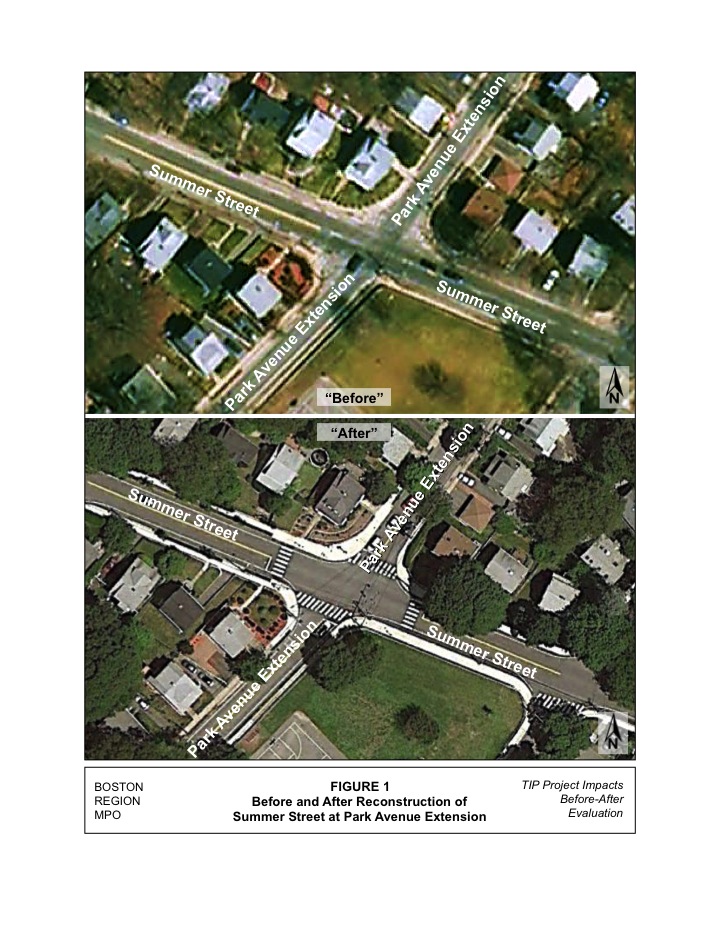 Aerial photos showing the Summer Street at Park Avenue Extension intersection before and after the reconstruction of the intersection.